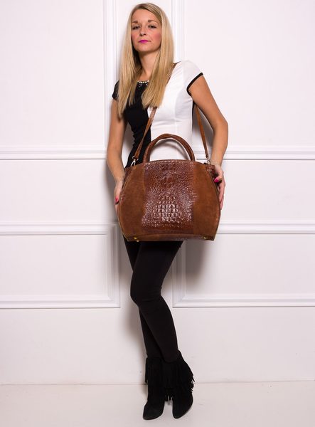 Dámska kožená kabelka so zipsom krokodíl - hnedá -