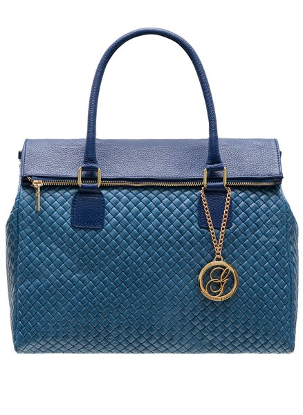 Dámska kožená kabelka kombináciám modrá s prepletaním -