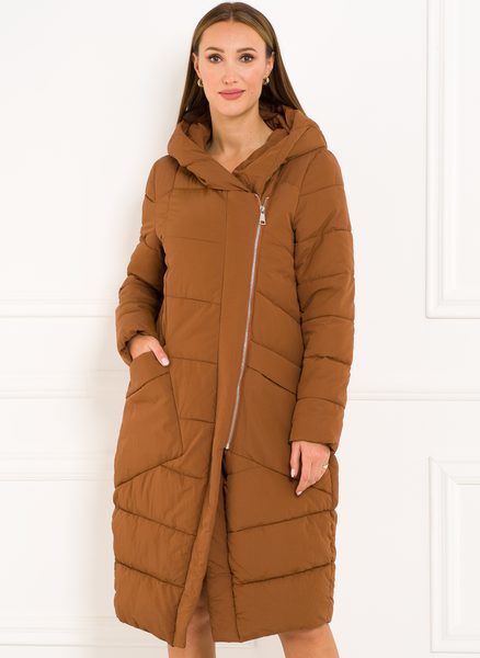 Dámska zimná bunda s asymetrickým zipsom - hnedá -