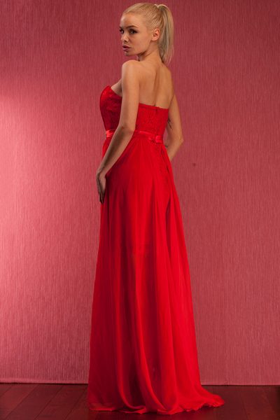 Spoločenské dlhé i krátke šaty bez ramienok s čipkou - červená -