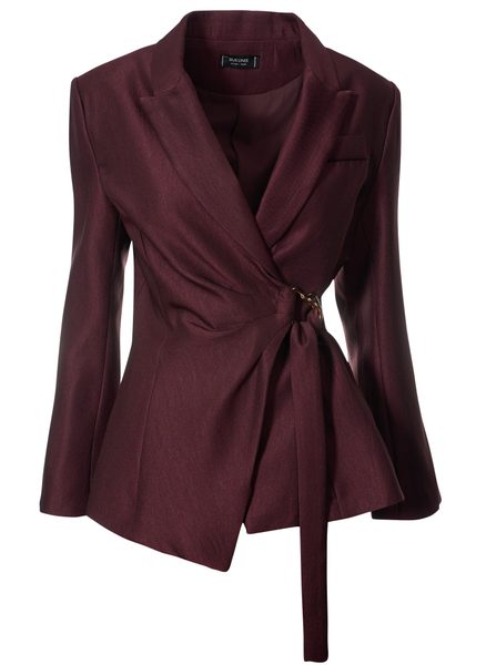Costum damă burgundy cu cataramă aurie -