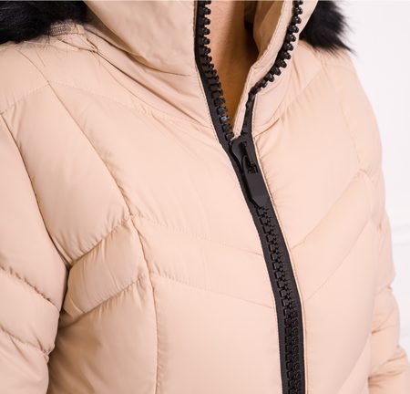 Dámska zimná krátka bunda s výrazným čiernym zipsom - béžová -