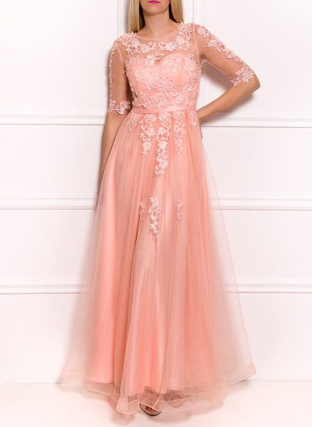 Společenské luxusní dlouhé šaty s rukávkem - světle růžová -