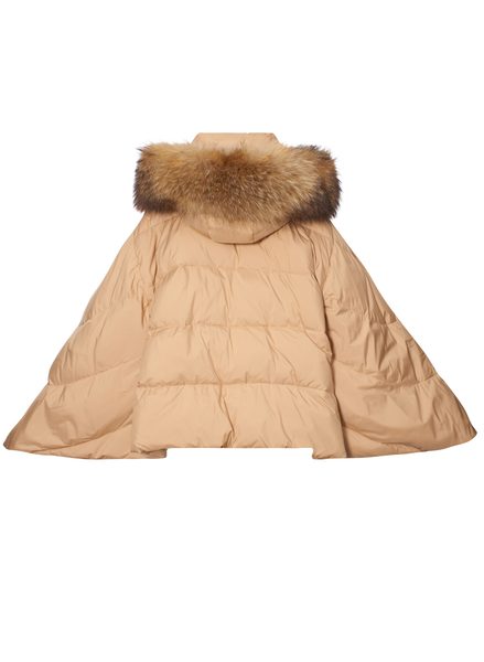 Poncho de puf pentru femei cu blană naturală de raton, bej -