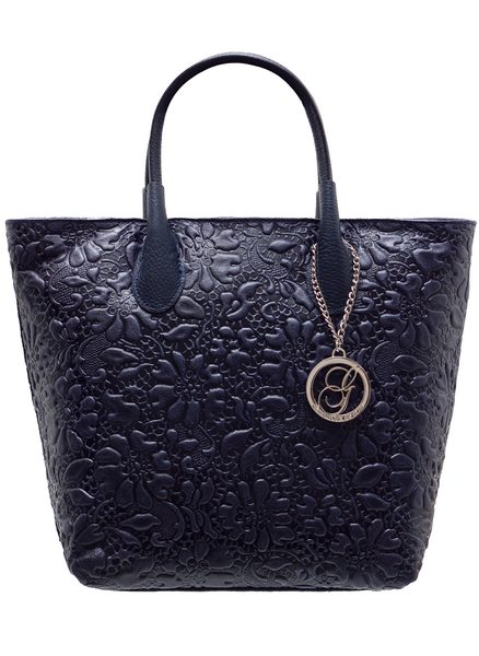 Dámska kožená kabelka do ruky s kvetmi - tmavá modrá -