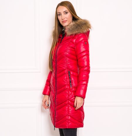 Women's winter jacket with real fox fur Due Linee - Red -