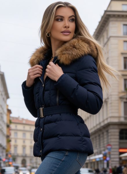 Geacă de iarnă de damă cu guler din vulpe autentică Due Linee - Albastră -