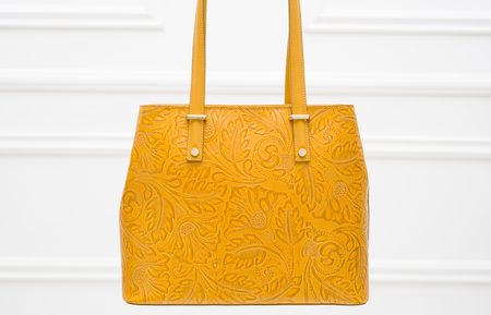 Kožená kabelka s kvetmi cez rameno - horčicová -