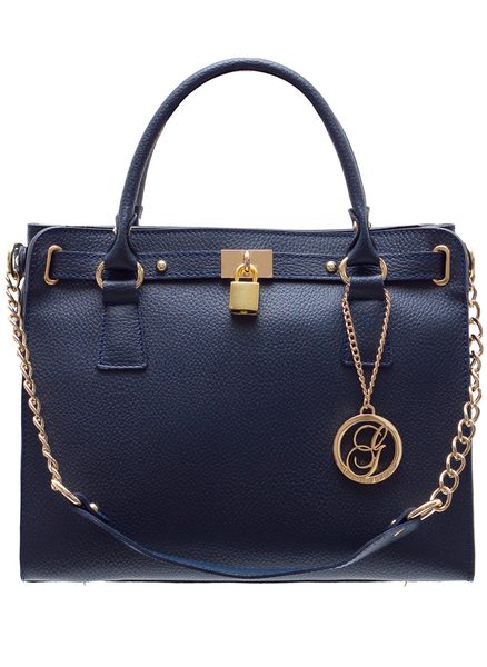 Dámska kožená kabelka so zámkom a Retiazka - tmavá modrá -