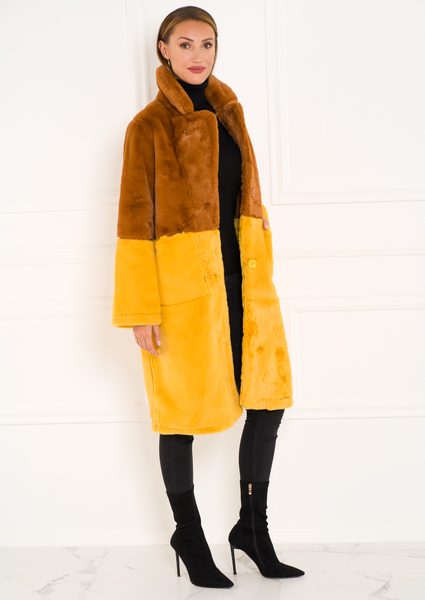 Dámský oboustranný kabát hnědo - žlutá -