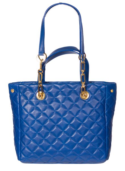 Kožená prošívaná kabelka v modré barvě s dlouhým a krátkým poutkem 