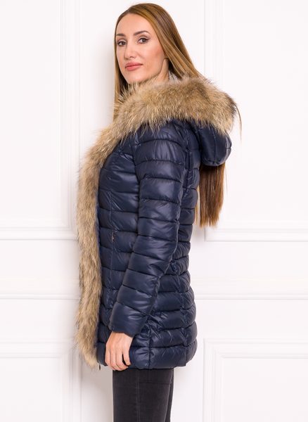 Women's winter jacket with real fox fur Due Linee - Dark blue -