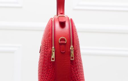 Dámska kožená kabelka prepletaný 2 zipsy - červená -
