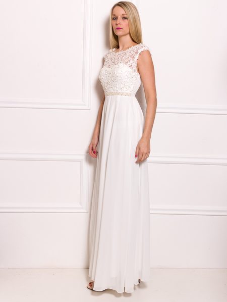 Společenské luxusní dlouhé šaty s krajkou a perličkami - bílá -