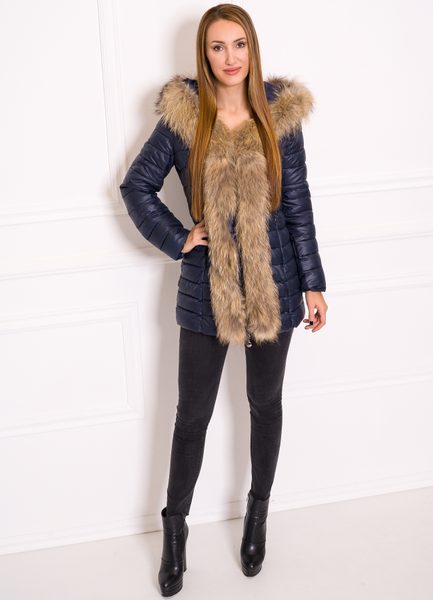 Women's winter jacket with real fox fur Due Linee - Dark blue -