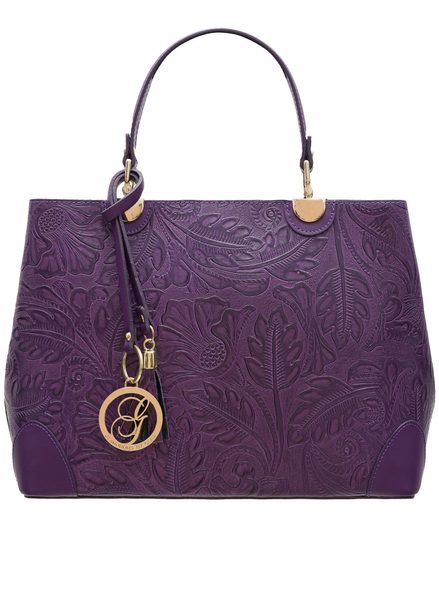 Dámská kožená kabelka ražená s květy - fialová -