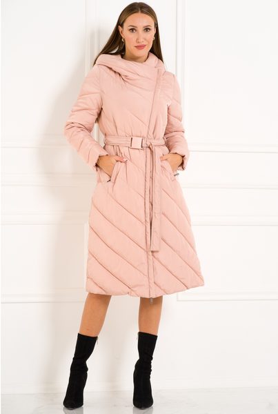 Dámska dlhá zimná bunda s asymetrickým zipsom - baby pink -