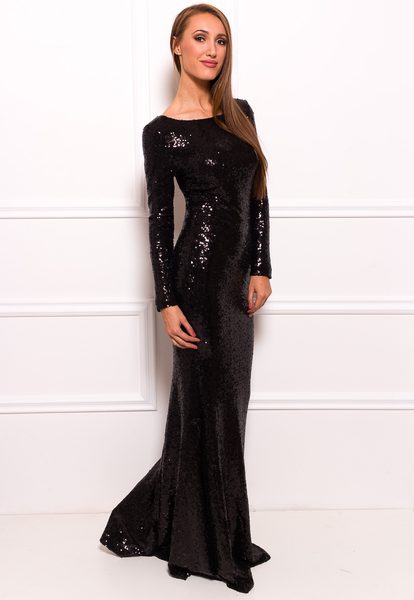 Společenské luxusní dlouhé šaty s flitry a rukávy - černá -