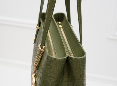 Kožená kabelka s květy přes rameno - tmavě zelená -