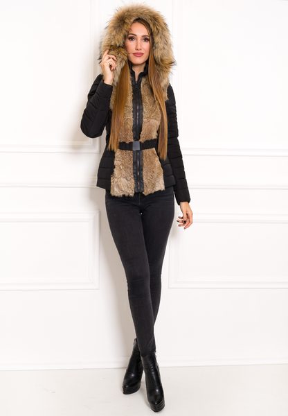 Women's winter jacket with real fox fur Due Linee - Black -