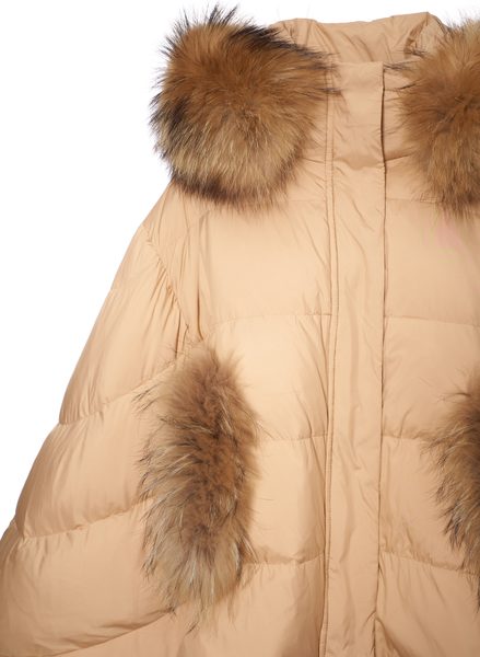 Poncho de puf pentru femei cu blană naturală de raton, bej -