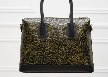 Dámska kožená kabelka s kvetmi do ruky čierno - zlatá -