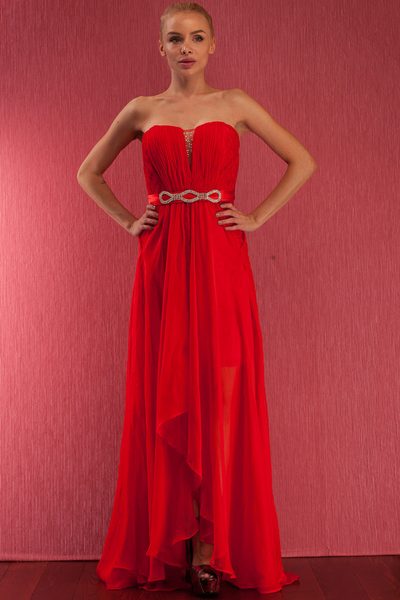 Spoločenské dlhé i krátke šaty bez ramienok s čipkou - červená -