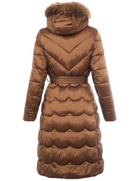 Dámská zimní bunda s pravým mývalovcem a vázáním caramello -