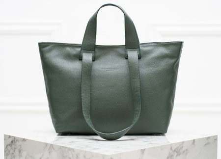 Kožená velká kabelka s krátkým a dlouhým poutkem - tmavě zelená -