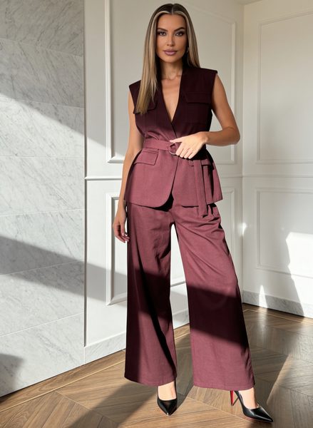 Compleu damă vestă și pantaloni burgundy jeans -