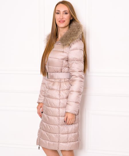 Women's winter jacket with real fox fur Due Linee - Creme -
