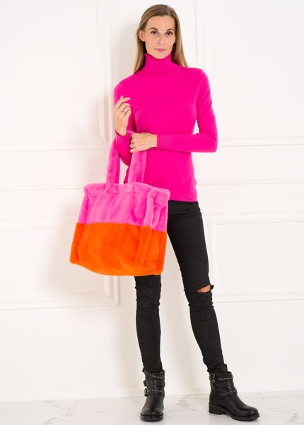 Dámska veľká obojstranná kabelka s chlpom ružovo - oranžová