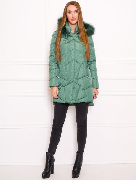 Dámska dlhšia zimná bunda so strieborným kovaním - zelená -