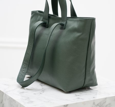 Kožená velká kabelka s krátkým a dlouhým poutkem - tmavě zelená -