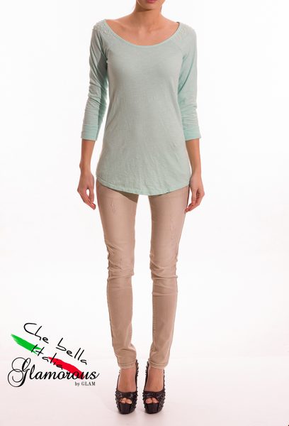 GbyG Zelené tričko s dlhým rukávom zdobené perličkami -