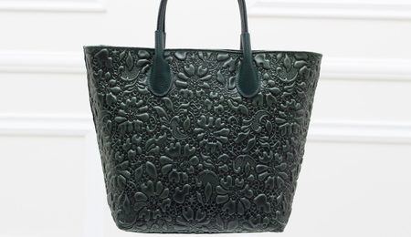Dámska kožená kabelka do ruky s kvetmi - tmavá zelená -