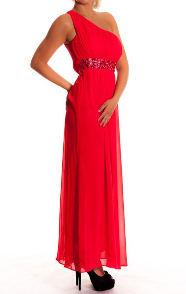 Dámske dlhé plesové šaty červenej na jedno rameno -