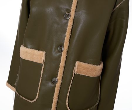 Dámský oboustranný koženkový kabát khaki -