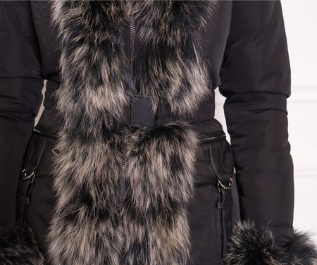 Dámská delší bunda s pravou liškou po celé délce a koženkou - černá -