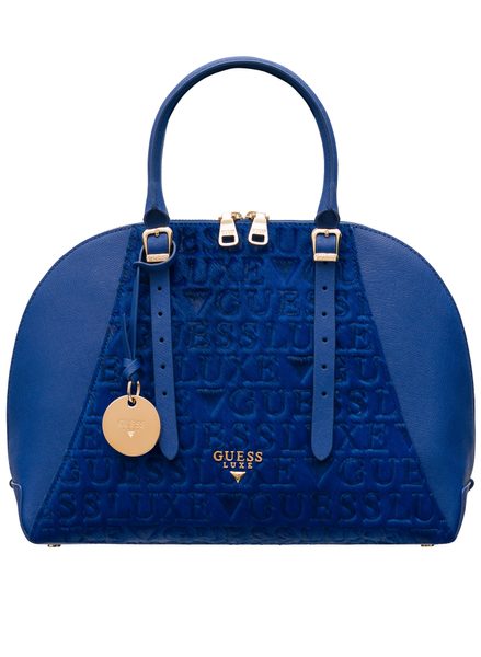 Guess Luxe kožená kabelka se srstí modrá -