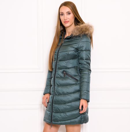 Women's winter jacket with real fox fur Due Linee - Green -