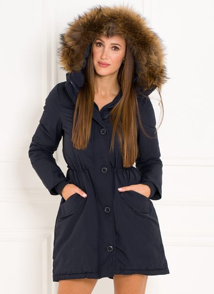 Giacca invernale donna con vera volpe Due Linee - Blu scuro -