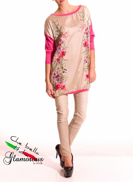 GbyG Tunika dlouhý rukáv vzor květin - růžová -