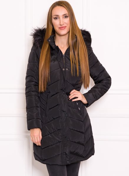 Women's winter jacket with real fox fur Due Linee - Black -