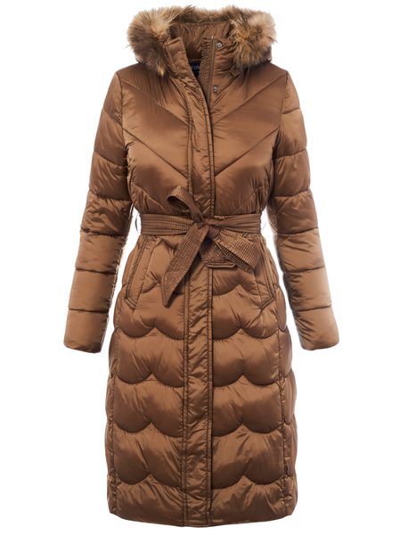 Dámská zimní bunda s pravým mývalovcem a vázáním caramello -