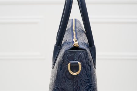 Dámska kožená kabelka s kvetmi do ruky - tmavá modrá -