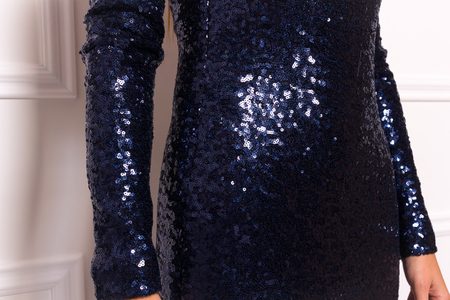 Společenské luxusní dlouhé šaty s flitry a rukávy - tmavě modrá -