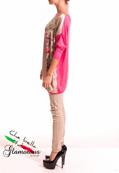 GbyG Tunika dlouhý rukáv vzor květin - růžová -