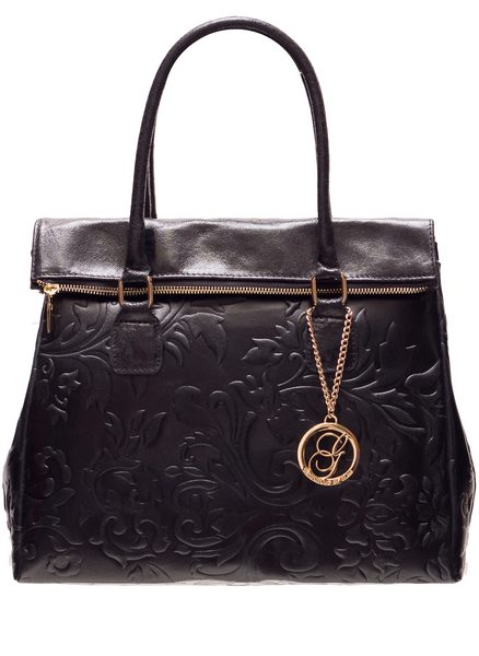 Dámska kožená kabelka kombináciám čierno čiernej kvety -