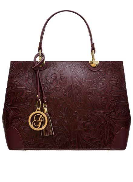 Dámská kožená kabelka ražená s květy - vínová -